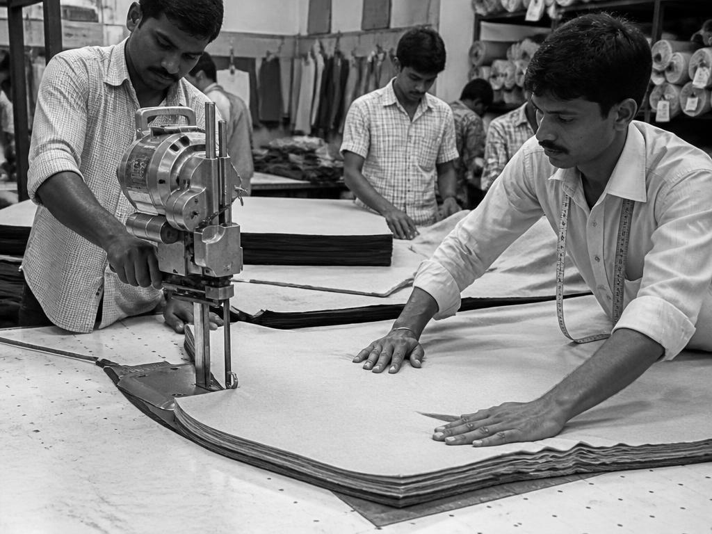Workers cutting layered cotton jersey at a cutting table in Tirupur