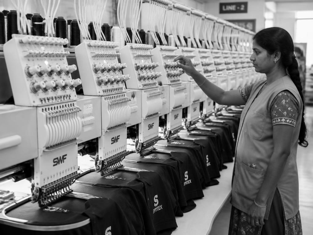 Operator checking an embroidery machine running logo samples