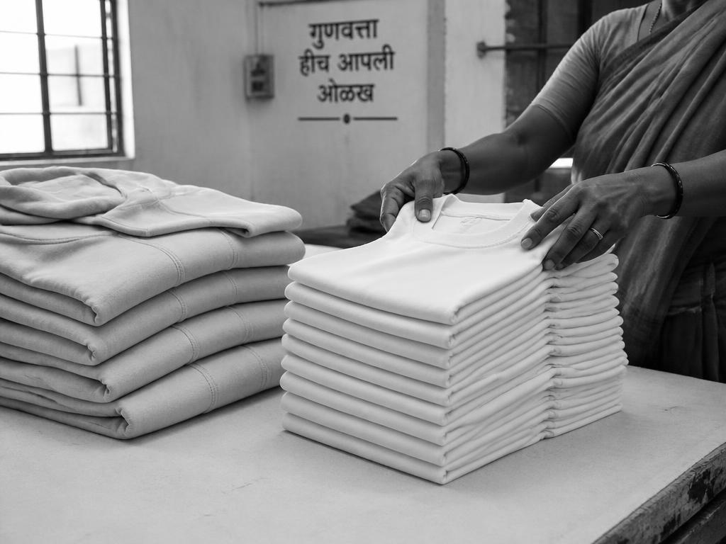 Folded stacks of finished t-shirts being prepared for export cartons