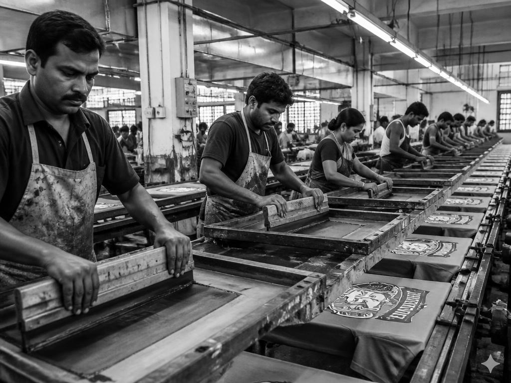 Screen printing line pulling prints over t-shirts in the print hall
